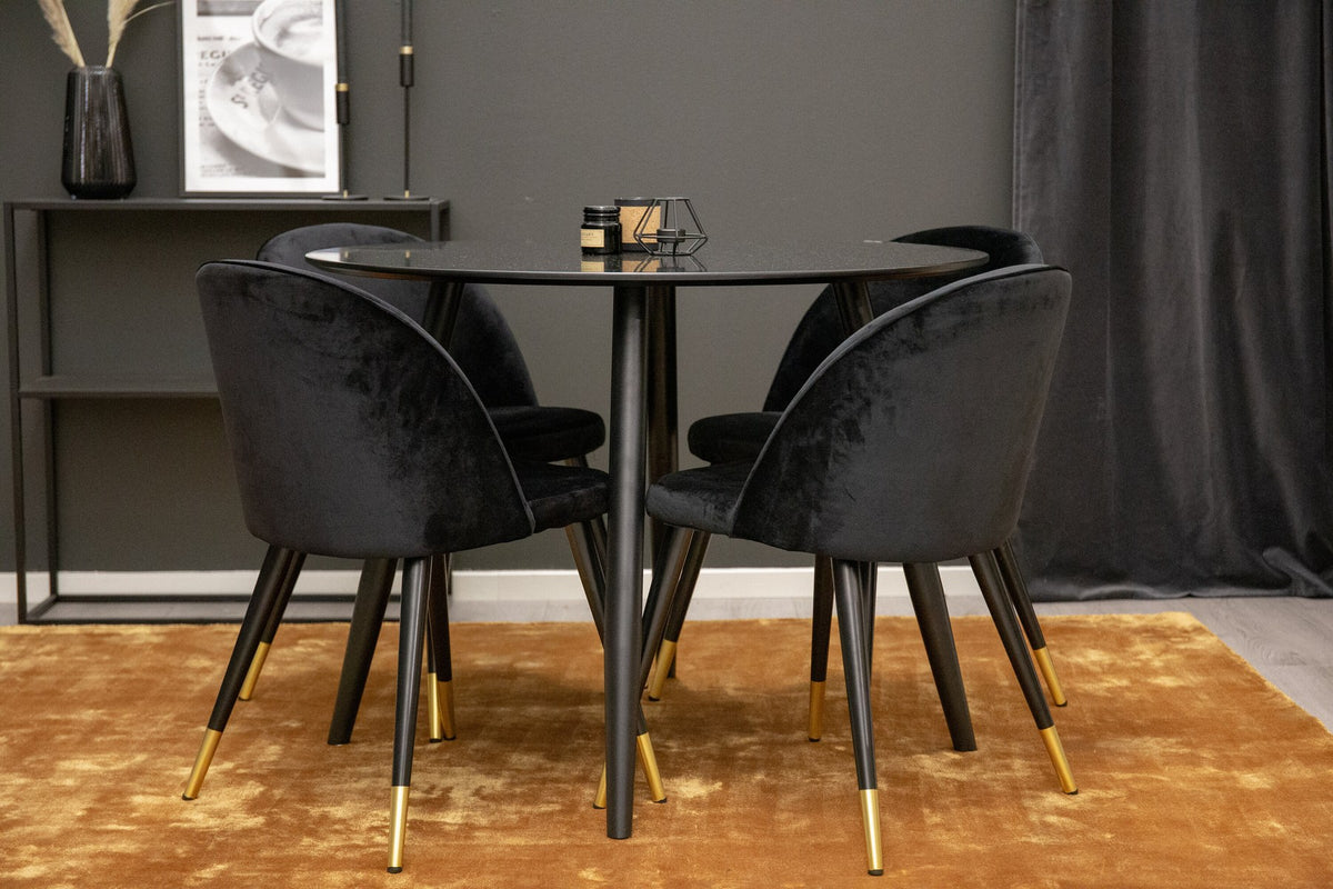 Esszimmer Set Plaza mit Stuhl Velvet von Venture Home: Esstisch aus MDF mit Stahlgestell in Schwarz, dazu vier gepolsterte Stühle.