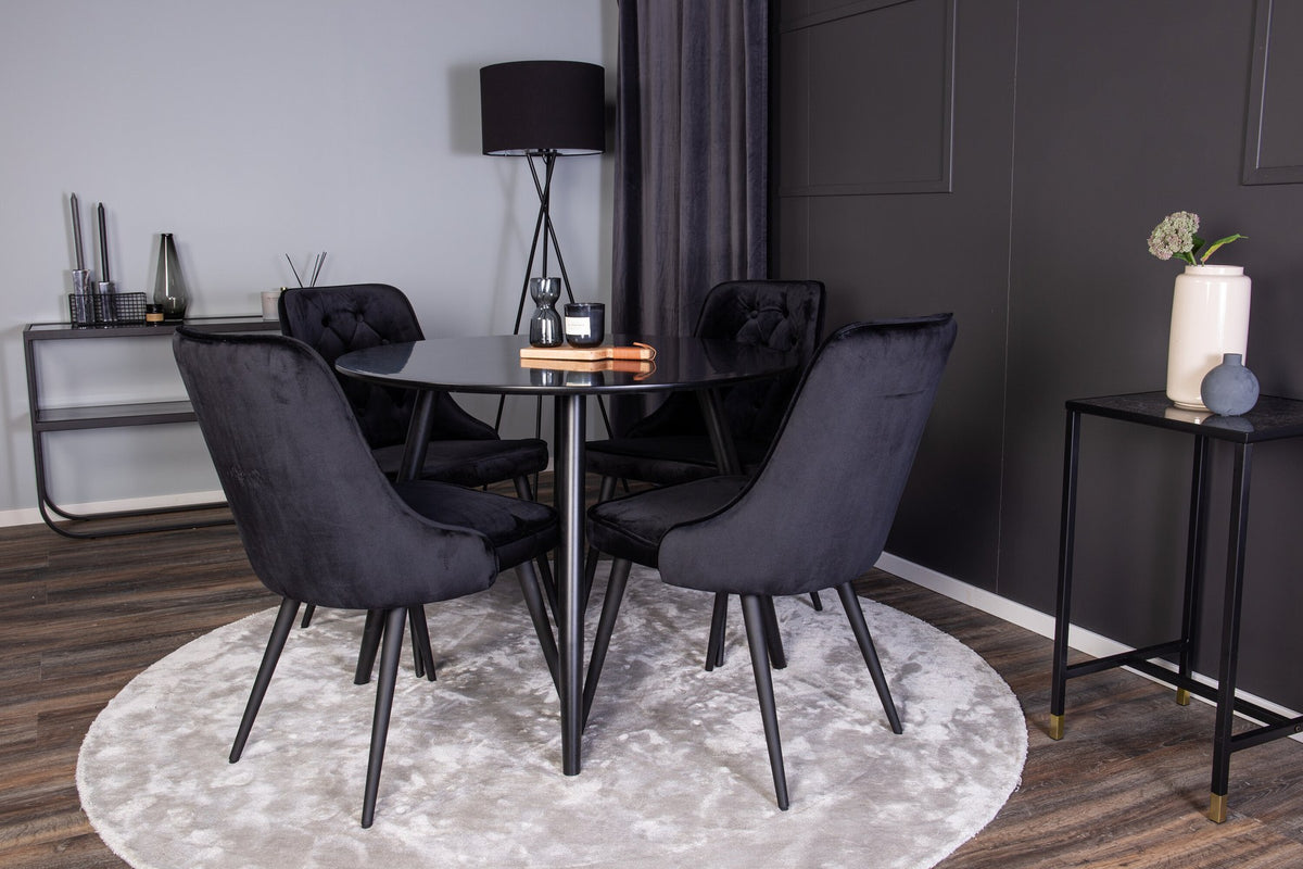 Esszimmer Set Plaza von Venture Home: Esstisch mit MDF-Platte und Stahlgestell in Grau schwarz, dazu vier gepolsterte Velvet Deluxe Stühle.