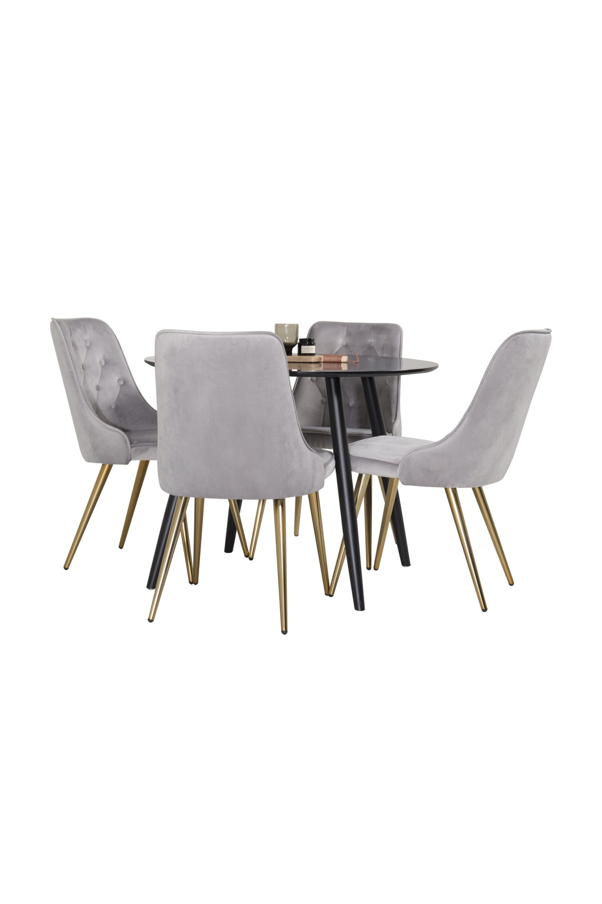 Esszimmer Set Plaza von Venture Home: Esstisch mit MDF-Platte und Stahlgestell in Grau schwarz, dazu vier gepolsterte Velvet Deluxe Stühle.