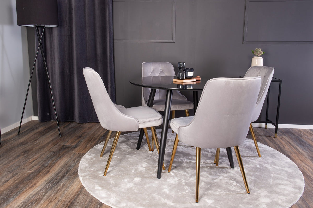 Esszimmer Set Plaza von Venture Home: Esstisch mit MDF-Platte und Stahlgestell in Grau schwarz, dazu vier gepolsterte Velvet Deluxe Stühle.