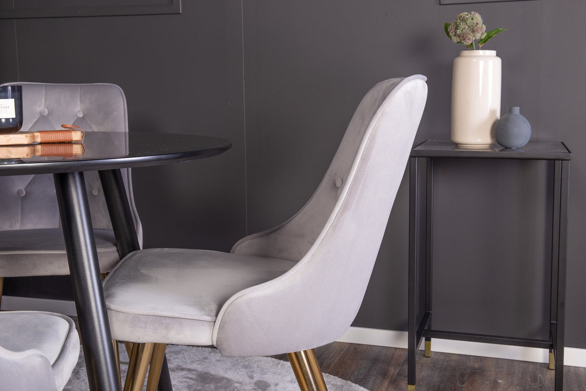 Esszimmer Set Plaza von Venture Home: Esstisch mit MDF-Platte und Stahlgestell in Grau schwarz, dazu vier gepolsterte Velvet Deluxe Stühle.