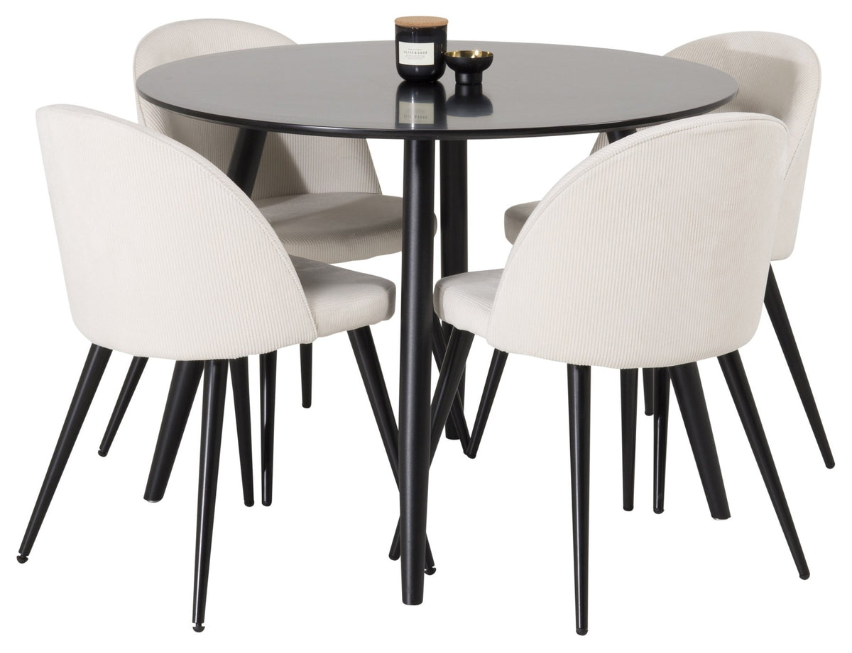 Esszimmer Set Plaza mit Stuhl Velvet von Venture Home: Esstisch aus MDF mit Stahlgestell in Schwarz, dazu vier gepolsterte Stühle.