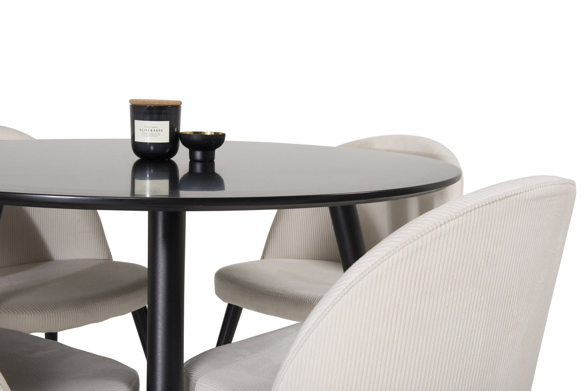 Esszimmer Set Plaza mit Stuhl Velvet von Venture Home: Esstisch aus MDF mit Stahlgestell in Schwarz, dazu vier gepolsterte Stühle.