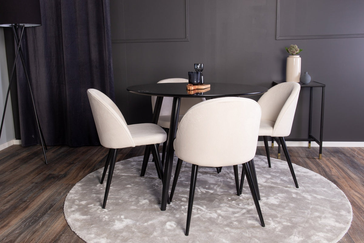 Esszimmer Set Plaza mit Stuhl Velvet von Venture Home: Esstisch aus MDF mit Stahlgestell in Schwarz, dazu vier gepolsterte Stühle.