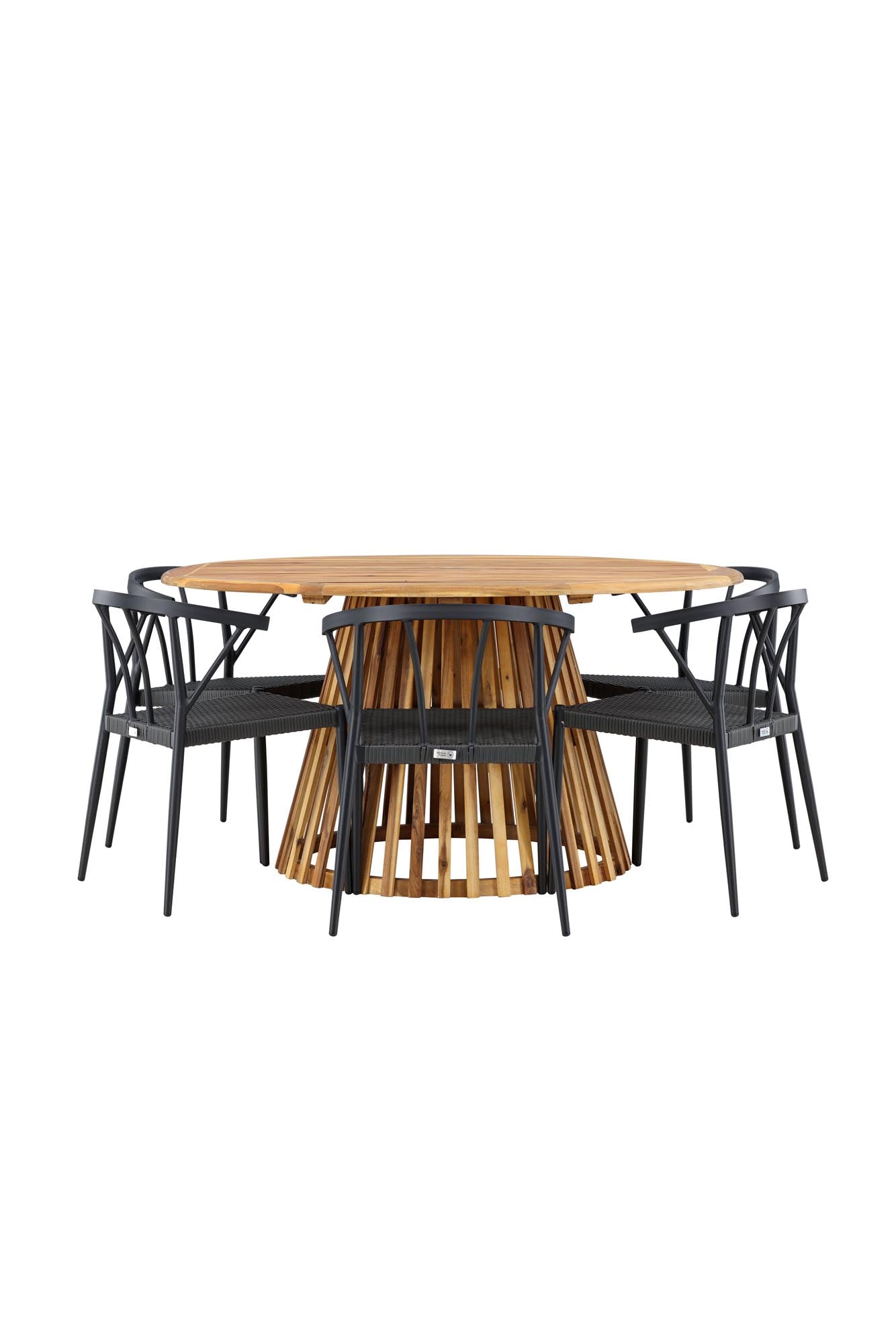 Elegantes Gartenset: Runder Tucumán-Tisch (120 cm) aus Akazienholz mit 6 robusten Stina-Korbgeflechtstühlen.
