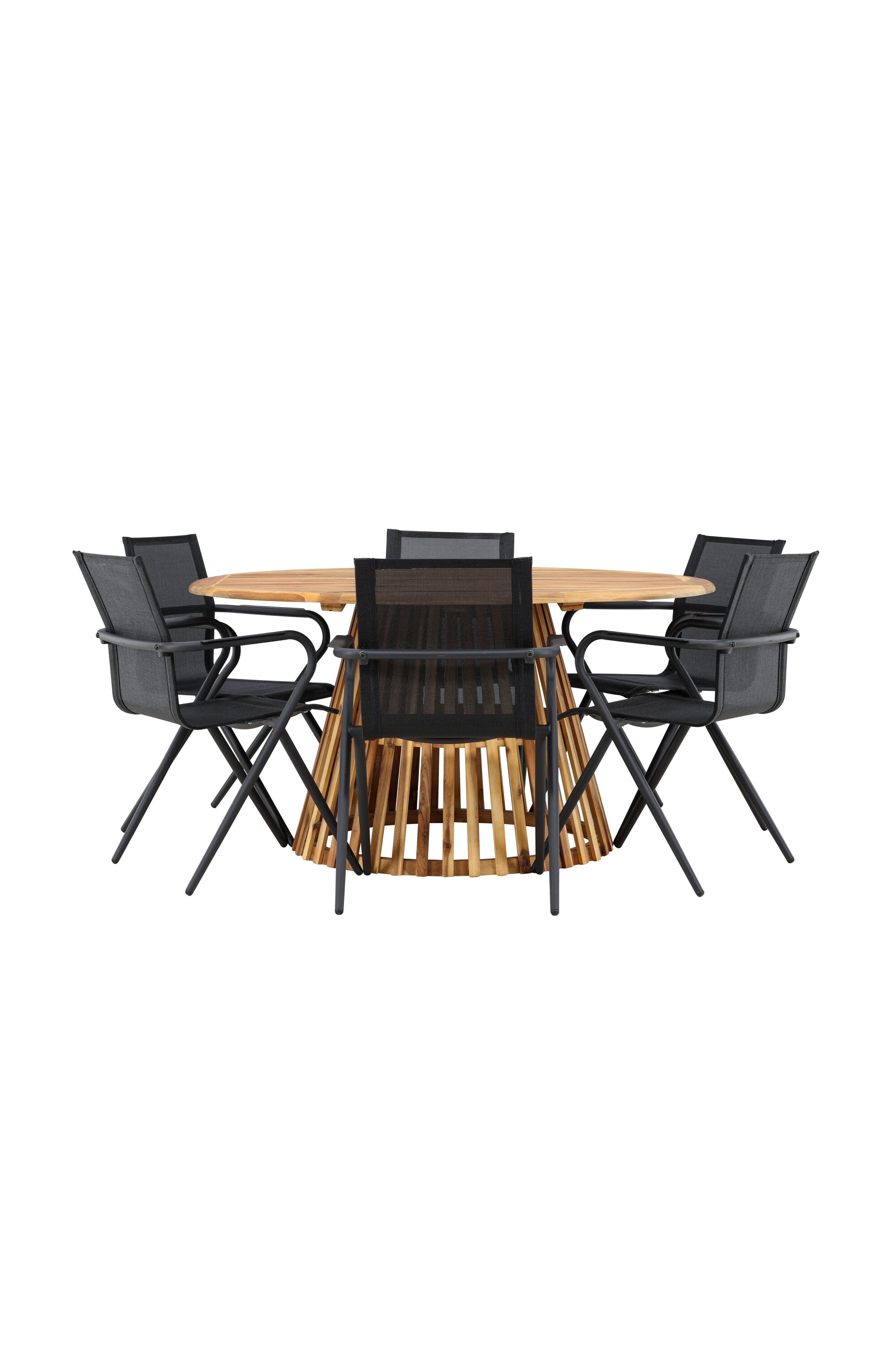 Rundes Tucumán Gartentisch Set mit 6 robusten Alina-Stühlen – ideal für gesellige Familienessen im Freien und einladende Outdoor-Atmosphäre.