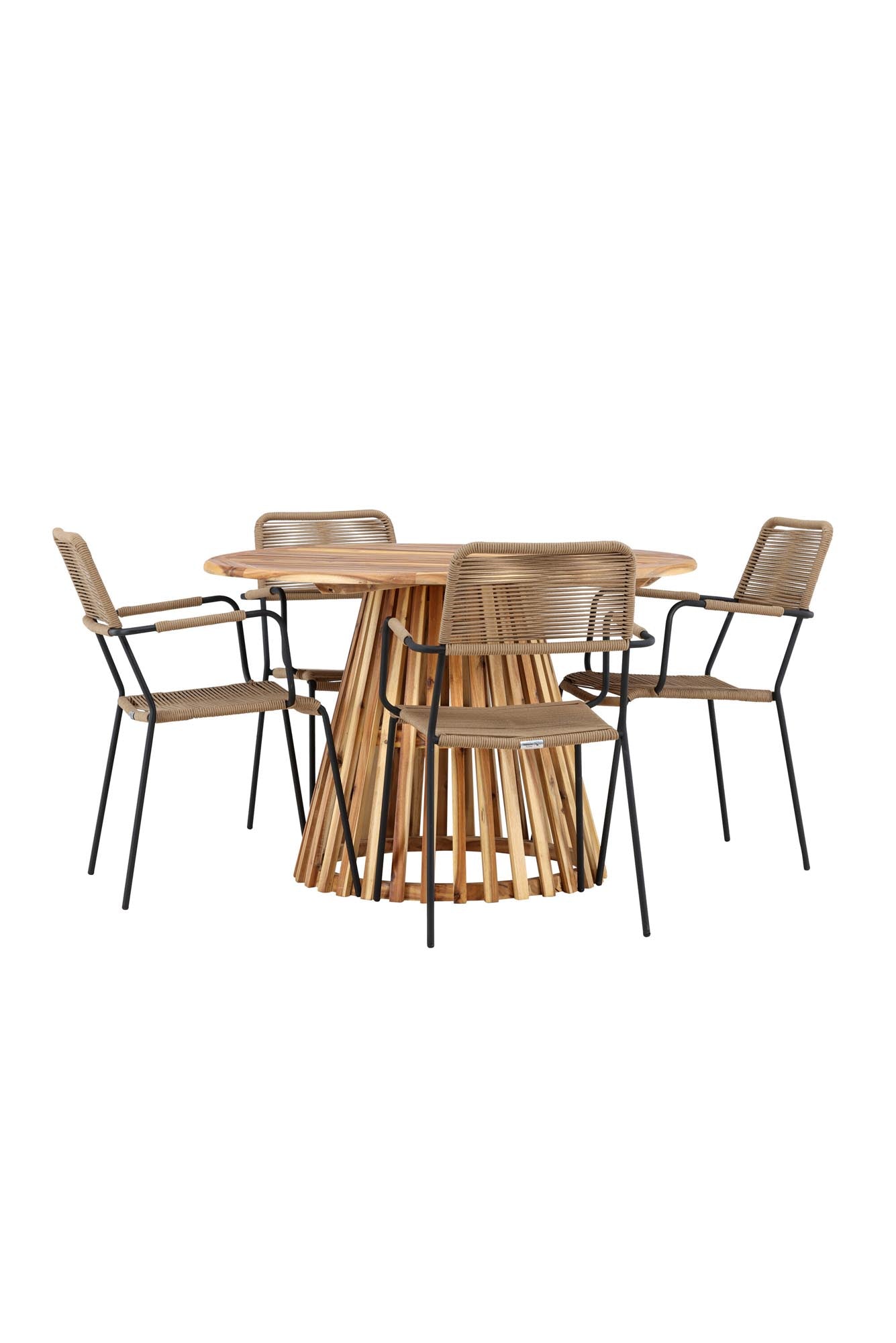 Elegantes Gartenset mit rundem Tisch und bequemen Armstühlen, ideal für stilvolle Momente im Garten oder auf der Terrasse.