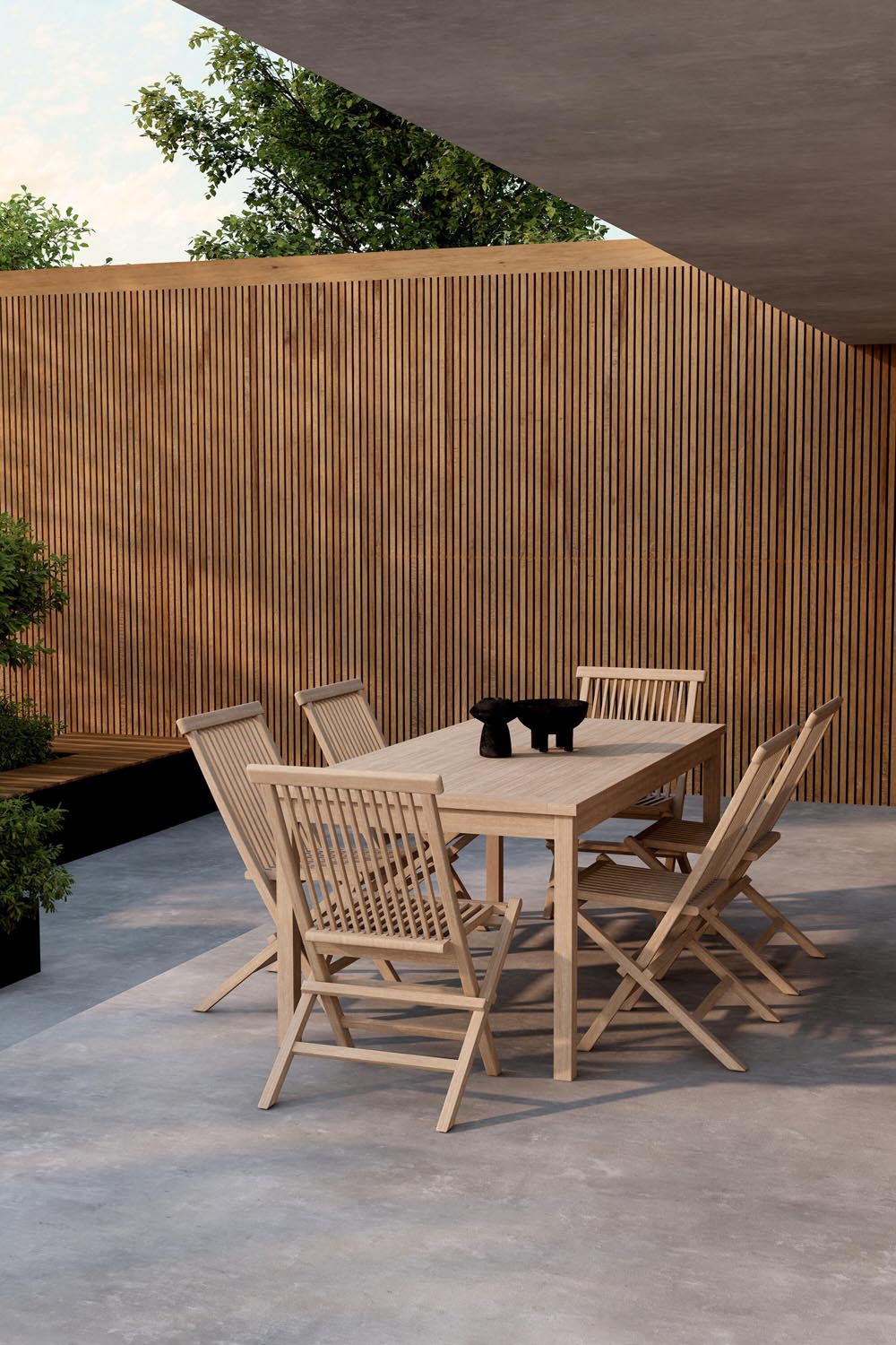 Esstisch Kenya mit Stühlen Kenya, Whitewash, Teakholz, Gartentischset von Venture Home für den Aussenbereich, Ansicht von schräg vorne.