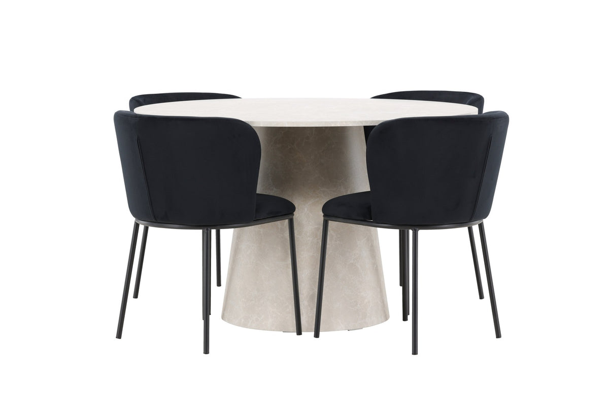 Esszimmerset Lanzo mit Edina Stuhl von Venture Home: runder Esstisch aus MDF in Beige mit vier passenden Stühlen im Essbereich