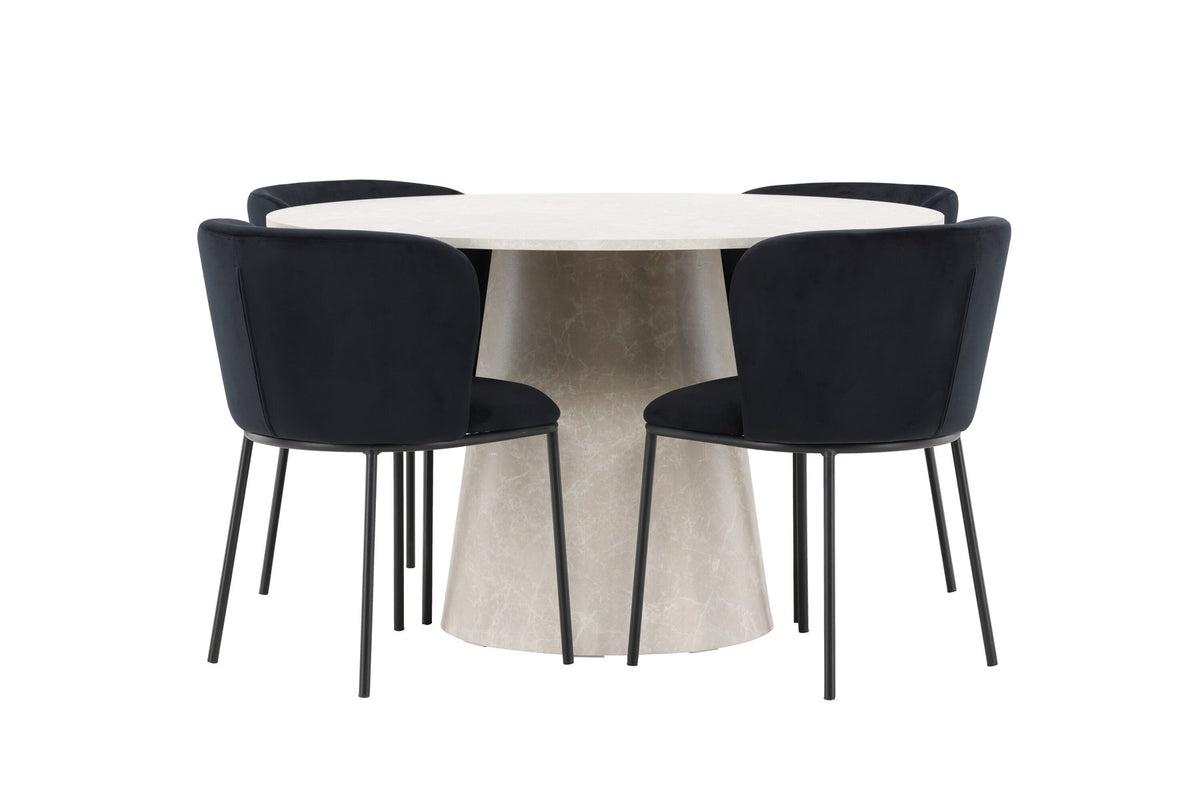 Esszimmerset Lanzo mit Edina Stuhl von Venture Home: runder Esstisch aus MDF in Beige mit vier passenden Stühlen im Essbereich