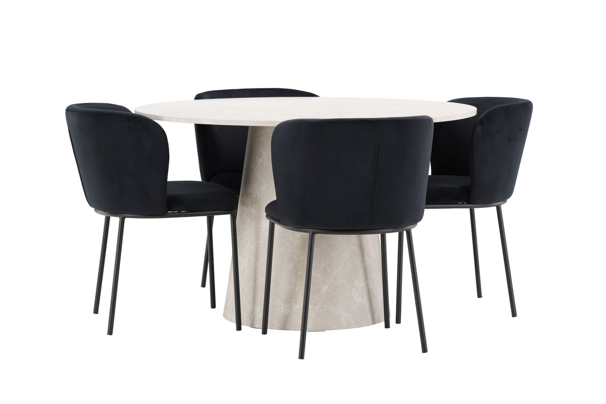 Esszimmerset Lanzo mit Edina Stuhl von Venture Home: runder Esstisch aus MDF in Beige mit vier passenden Stühlen im Essbereich