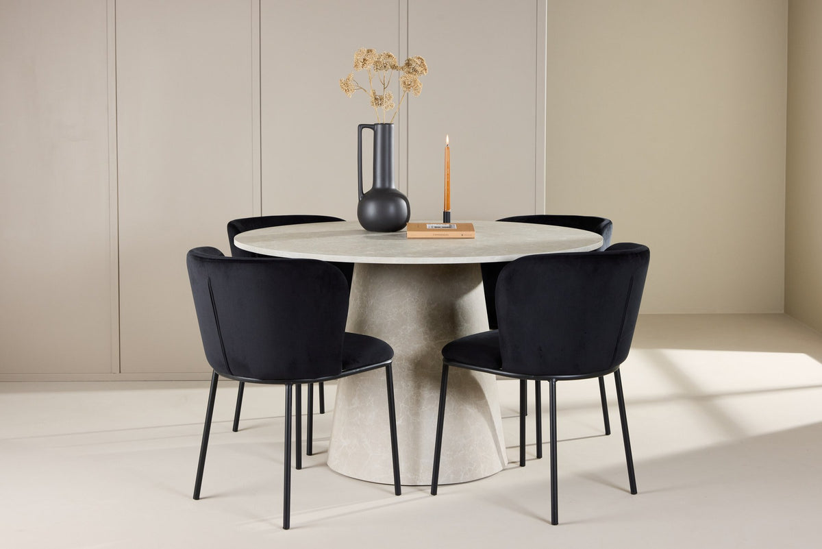 Esszimmerset Lanzo mit Edina Stuhl von Venture Home: runder Esstisch aus MDF in Beige mit vier passenden Stühlen im Essbereich