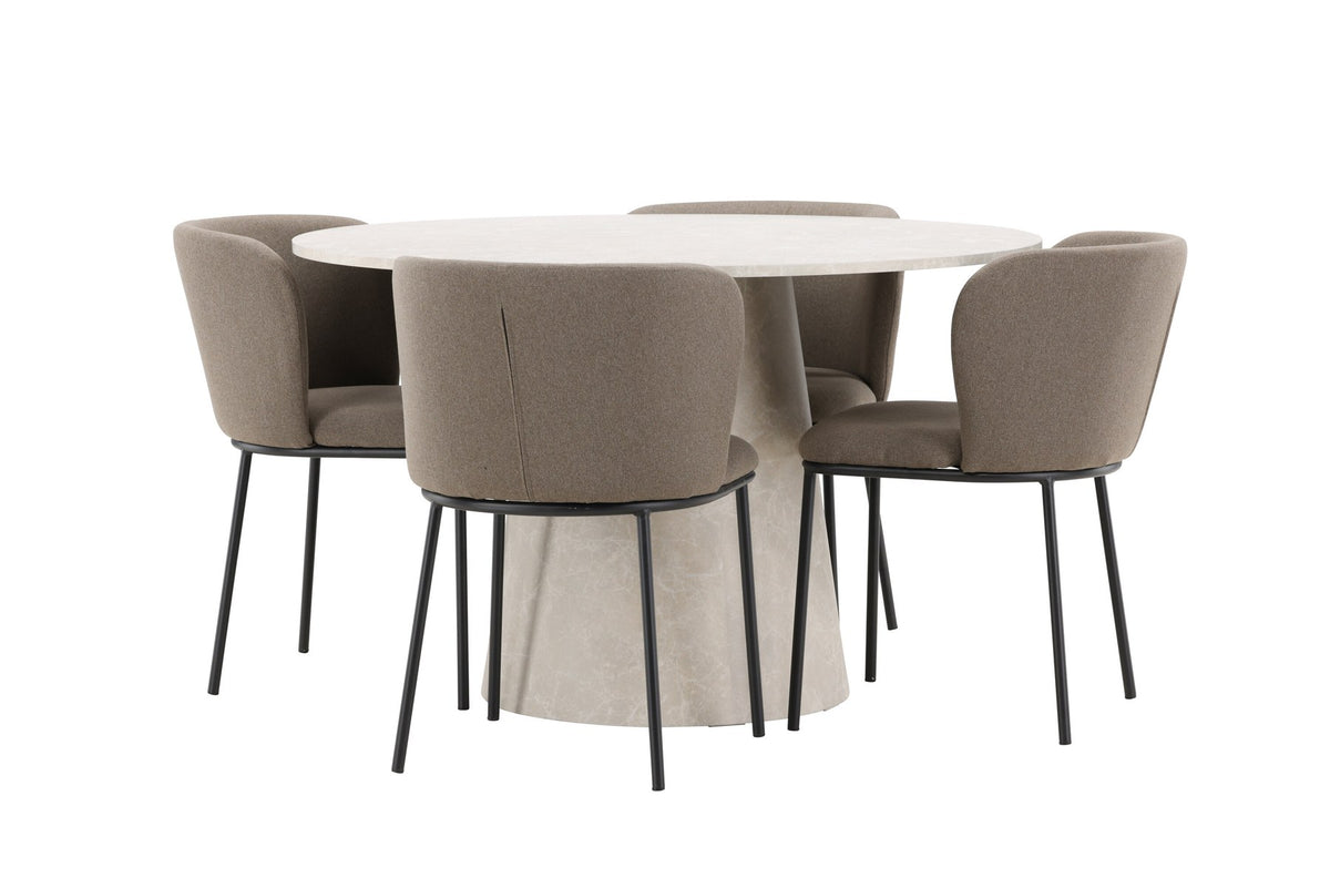 Esszimmerset Lanzo mit Edina Stuhl von Venture Home: runder Esstisch aus MDF in Beige mit vier passenden Stühlen im Essbereich