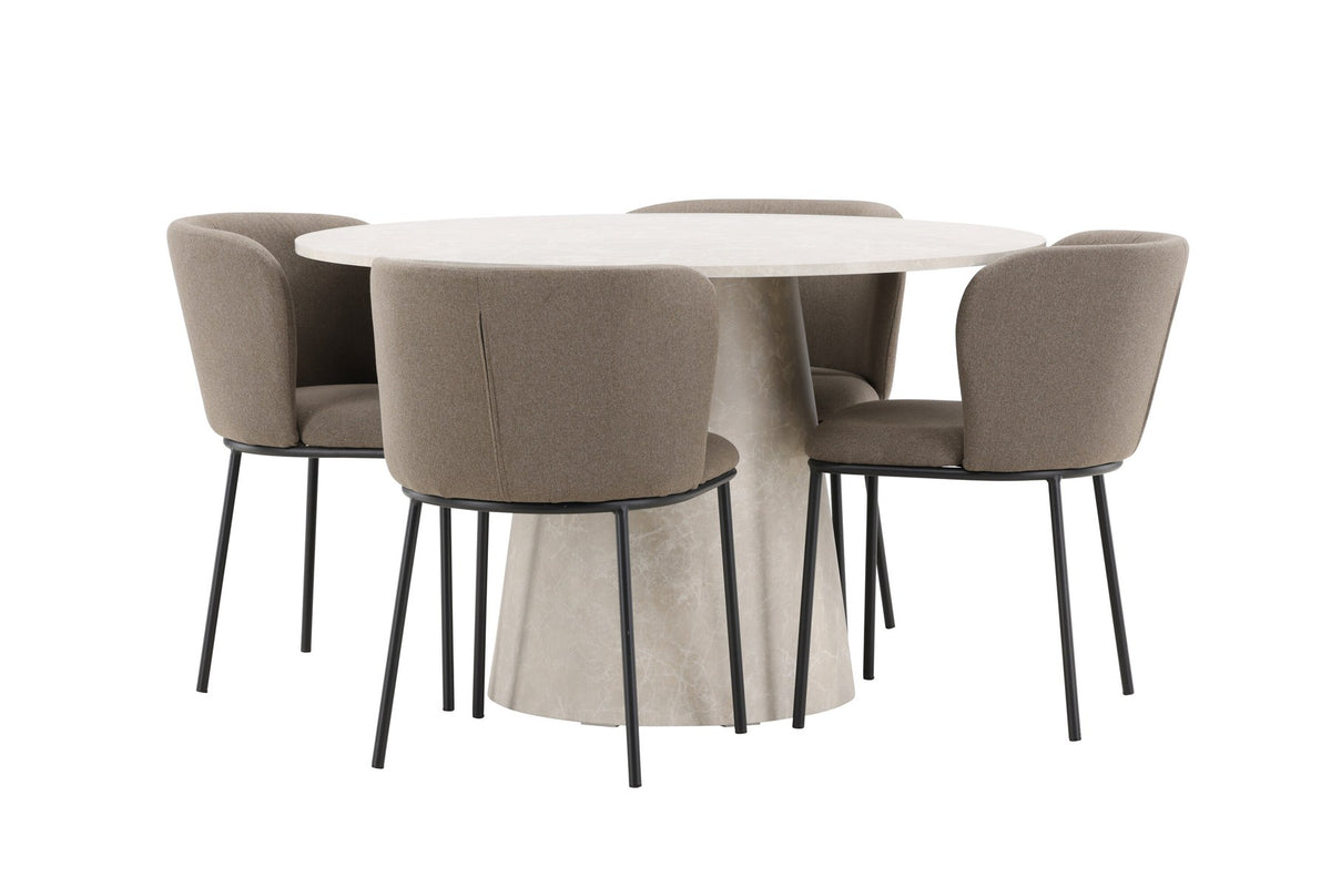 Esszimmerset Lanzo mit Edina Stuhl von Venture Home: runder Esstisch aus MDF in Beige mit vier passenden Stühlen im Essbereich