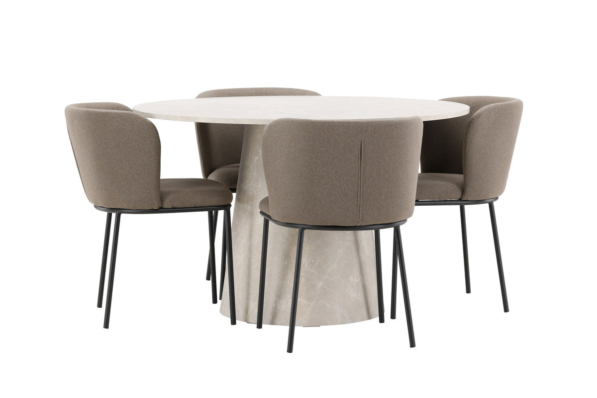 Esszimmerset Lanzo mit Edina Stuhl von Venture Home: runder Esstisch aus MDF in Beige mit vier passenden Stühlen im Essbereich