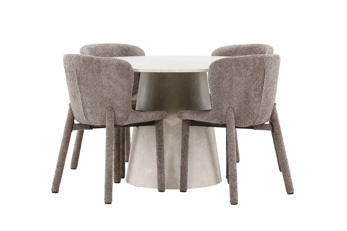 Rundes Esszimmerset Lanzo & Astoria von Venture Home: Esstisch Ø120 cm in Beige mit Marmor-Optik und zwei Esszimmerstühle in Braun aus MDF