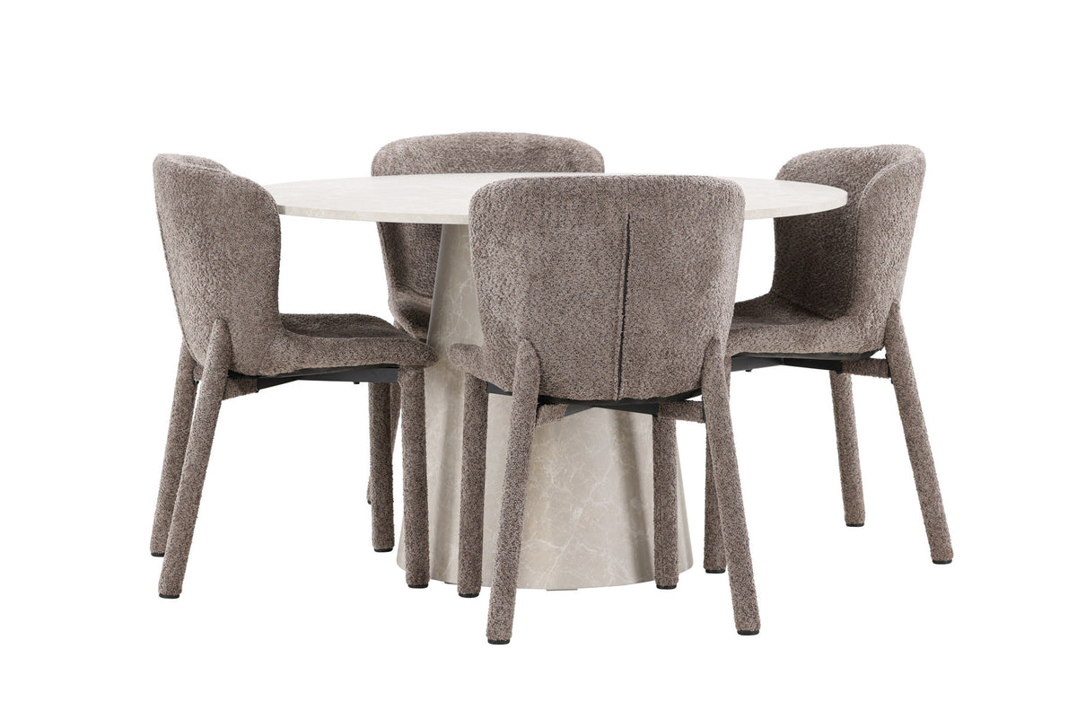 Rundes Esszimmerset Lanzo & Astoria von Venture Home: Esstisch Ø120 cm in Beige mit Marmor-Optik und zwei Esszimmerstühle in Braun aus MDF