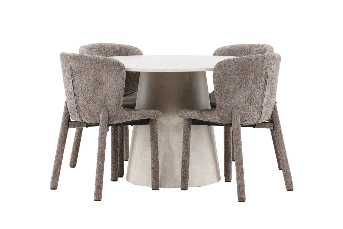 Rundes Esszimmerset Lanzo & Astoria von Venture Home: Esstisch Ø120 cm in Beige mit Marmor-Optik und zwei Esszimmerstühle in Braun aus MDF