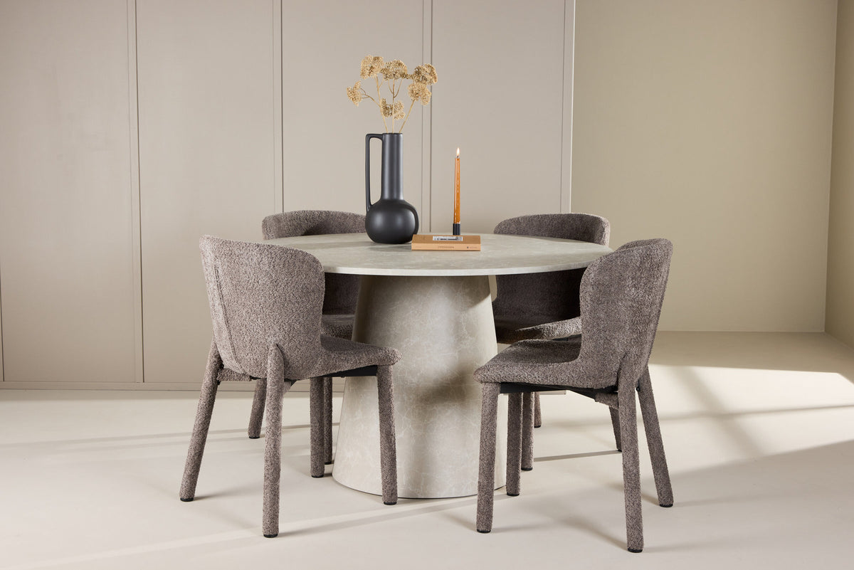 Rundes Esszimmerset Lanzo & Astoria von Venture Home: Esstisch Ø120 cm in Beige mit Marmor-Optik und zwei Esszimmerstühle in Braun aus MDF