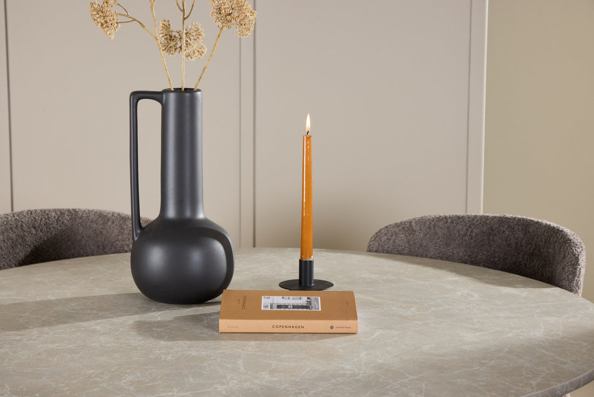 Rundes Esszimmerset Lanzo & Astoria von Venture Home: Esstisch Ø120 cm in Beige mit Marmor-Optik und zwei Esszimmerstühle in Braun aus MDF
