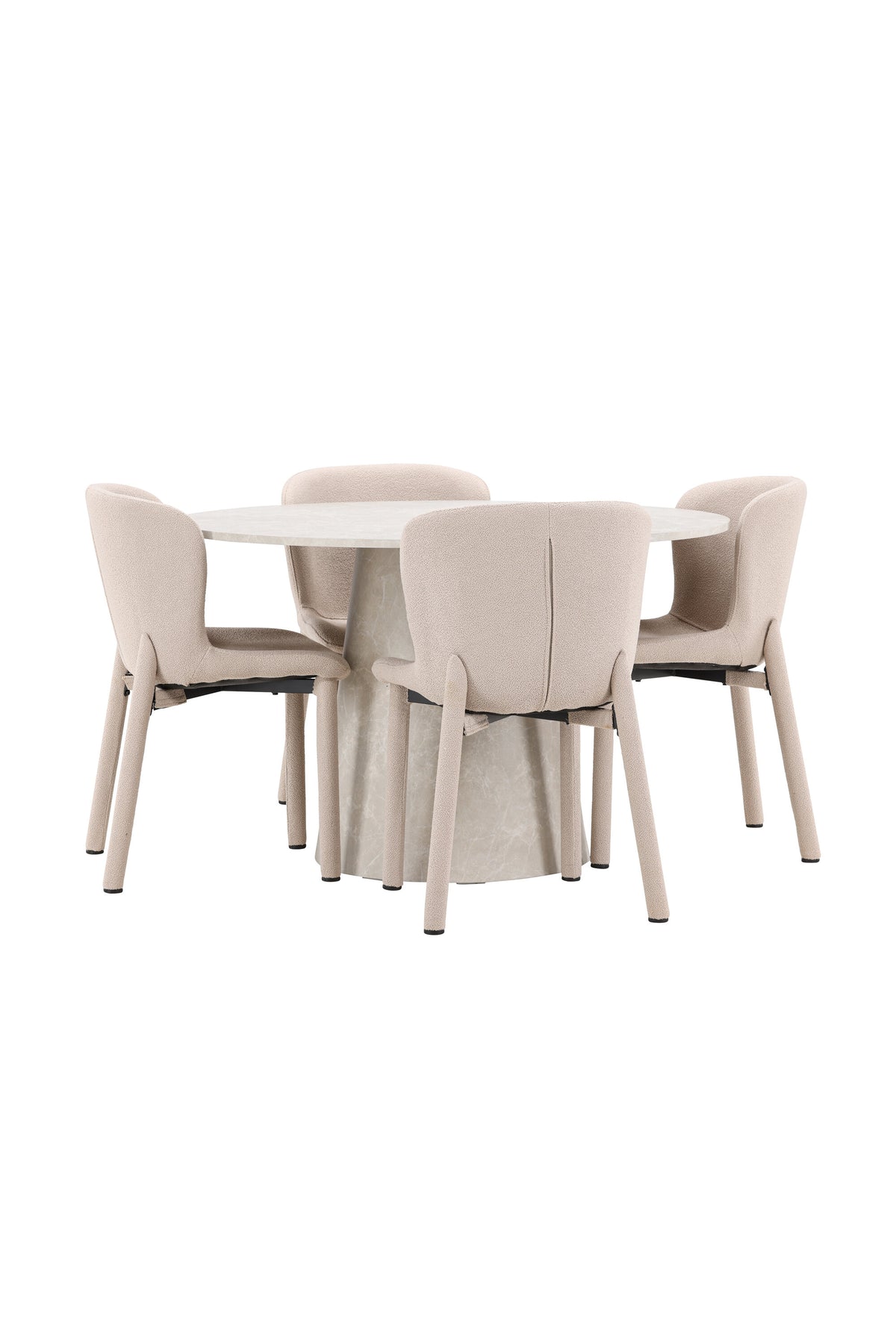 Beiger Esstisch Lanzo aus MDF mit vier gepolsterten Astoria-Stühlen mit Bouclé-Bezug, rechteckige Tischform, skandinavisches Design