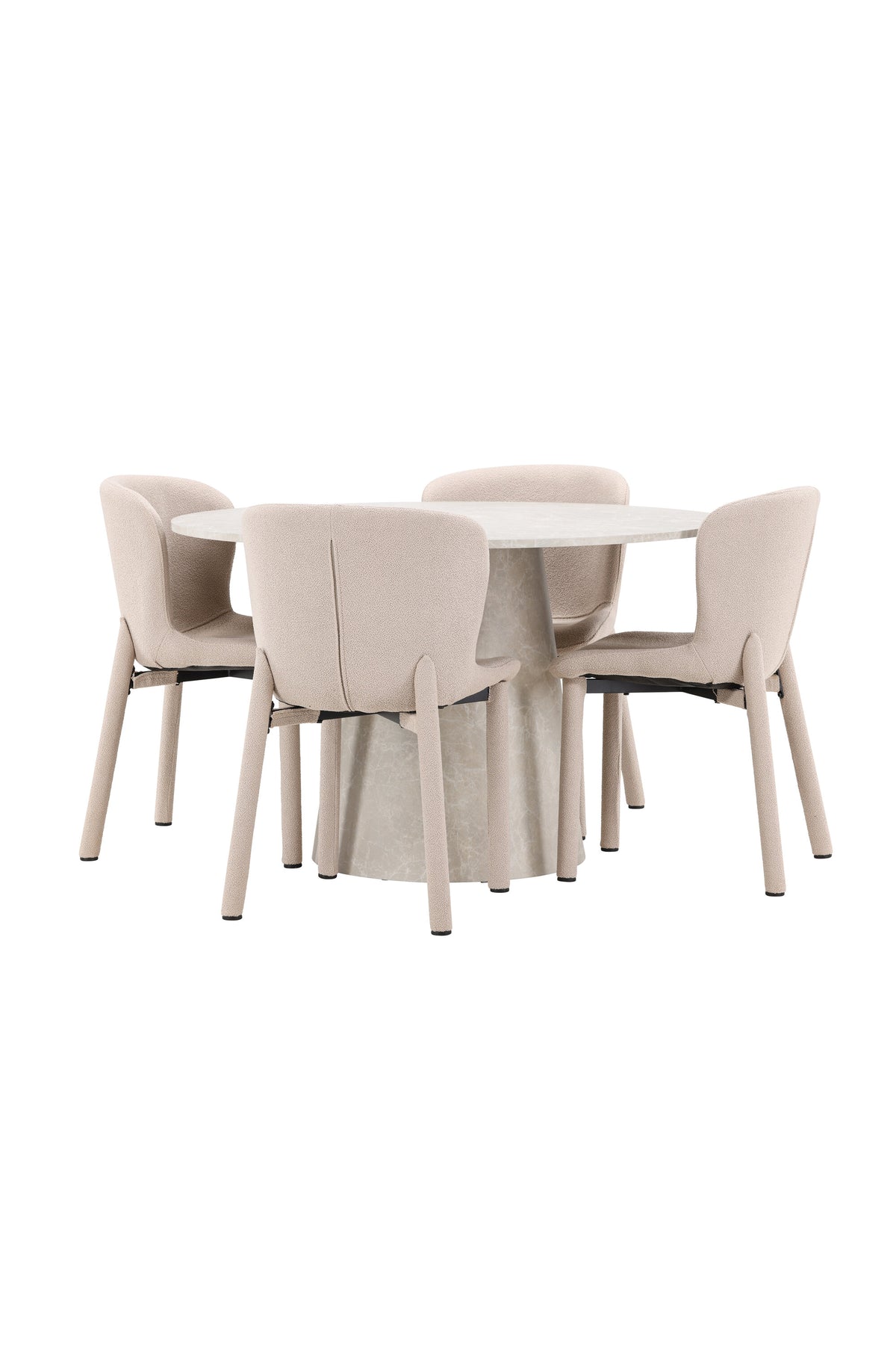 Beiger Esstisch Lanzo aus MDF mit vier gepolsterten Astoria-Stühlen mit Bouclé-Bezug, rechteckige Tischform, skandinavisches Design