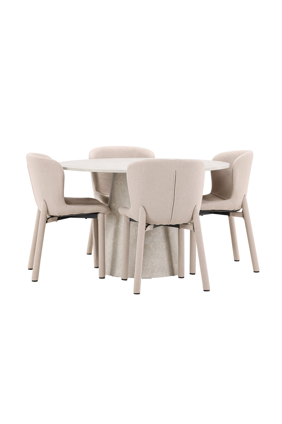 Beiger Esstisch Lanzo aus MDF mit vier gepolsterten Astoria-Stühlen mit Bouclé-Bezug, rechteckige Tischform, skandinavisches Design