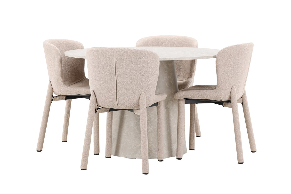 Beiger Esstisch Lanzo aus MDF mit vier gepolsterten Astoria-Stühlen mit Bouclé-Bezug, rechteckige Tischform, skandinavisches Design