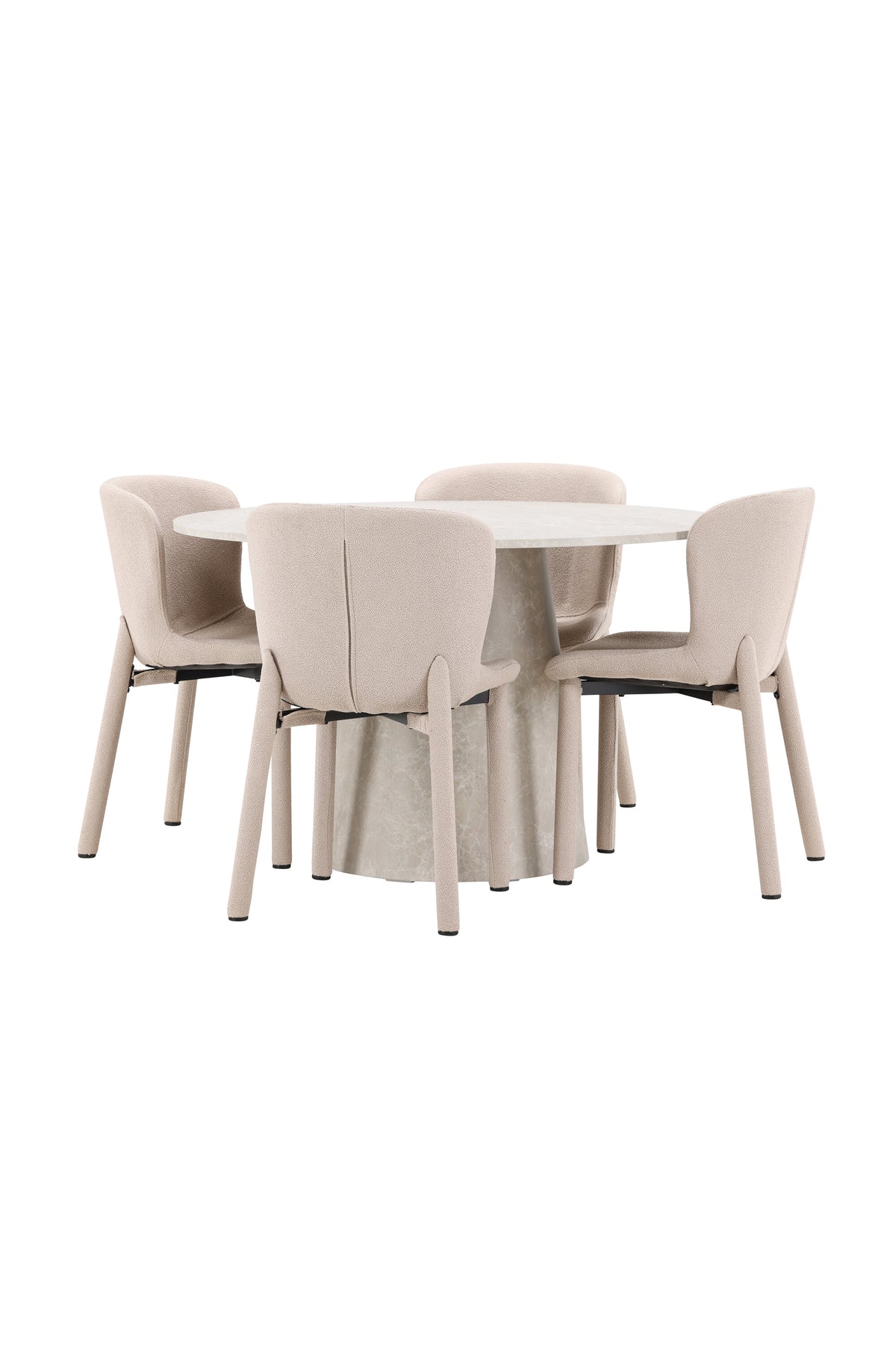 Beiger Esstisch Lanzo aus MDF mit vier gepolsterten Astoria-Stühlen mit Bouclé-Bezug, rechteckige Tischform, skandinavisches Design