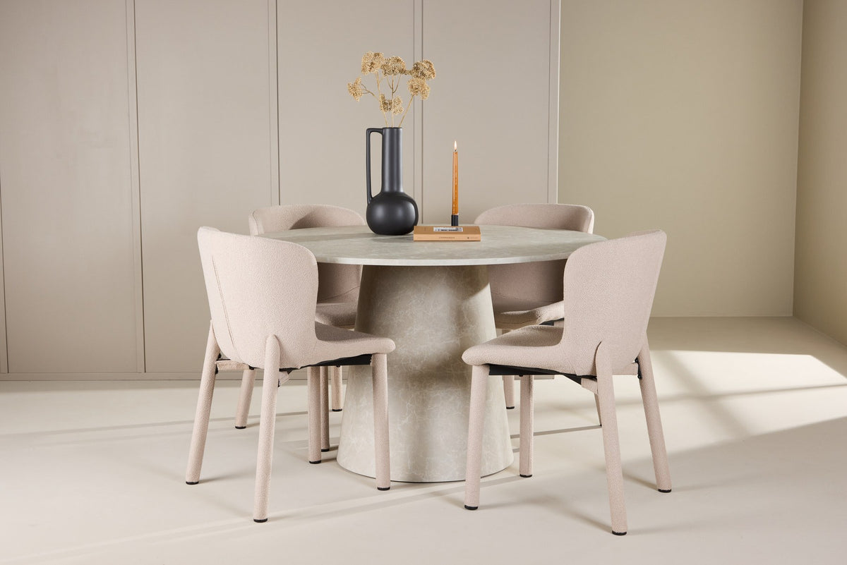 Beiger Esstisch Lanzo aus MDF mit vier gepolsterten Astoria-Stühlen mit Bouclé-Bezug, rechteckige Tischform, skandinavisches Design