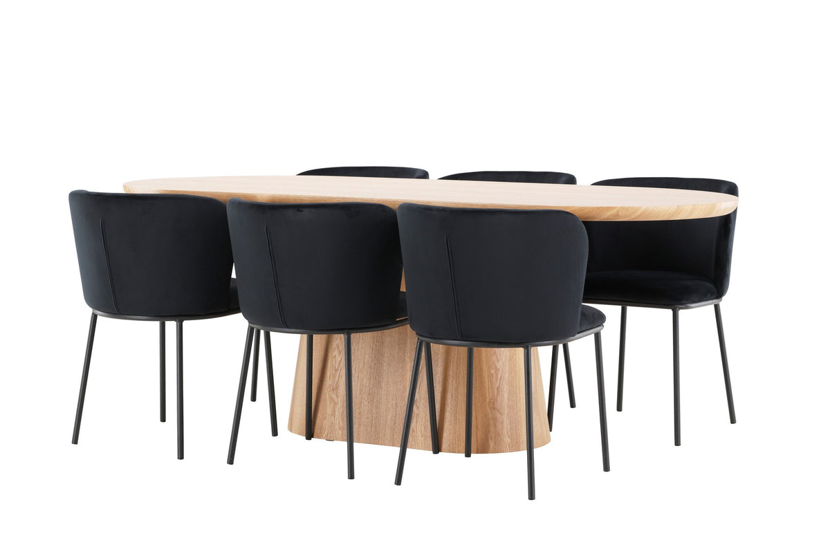 Esszimmerset Stjärnö mit Edina Stuhl: Esstisch mit MDF-Platte in Nature und sechs Stühlen mit Leinenbezug in Braun, skandinavisches Design.