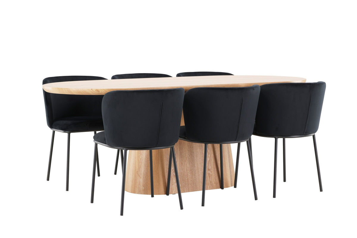 Esszimmerset Stjärnö mit Edina Stuhl: Esstisch mit MDF-Platte in Nature und sechs Stühlen mit Leinenbezug in Braun, skandinavisches Design.