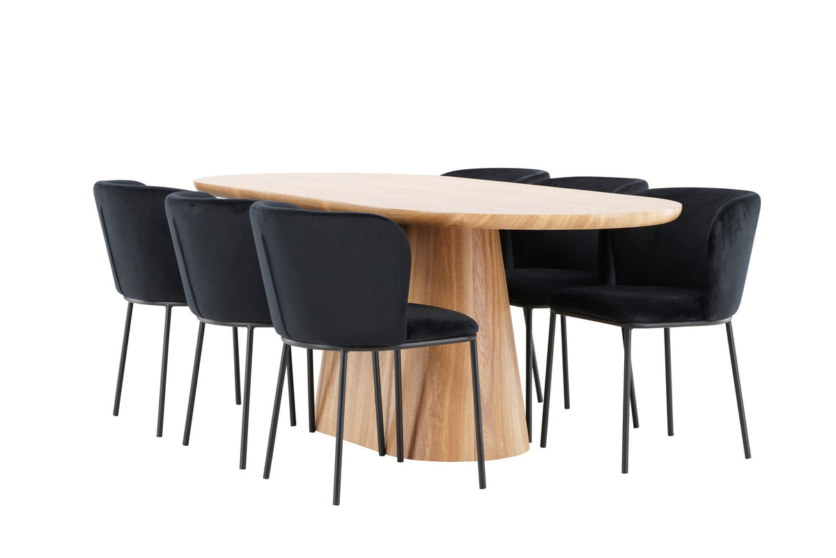 Esszimmerset Stjärnö mit Edina Stuhl: Esstisch mit MDF-Platte in Nature und sechs Stühlen mit Leinenbezug in Braun, skandinavisches Design.