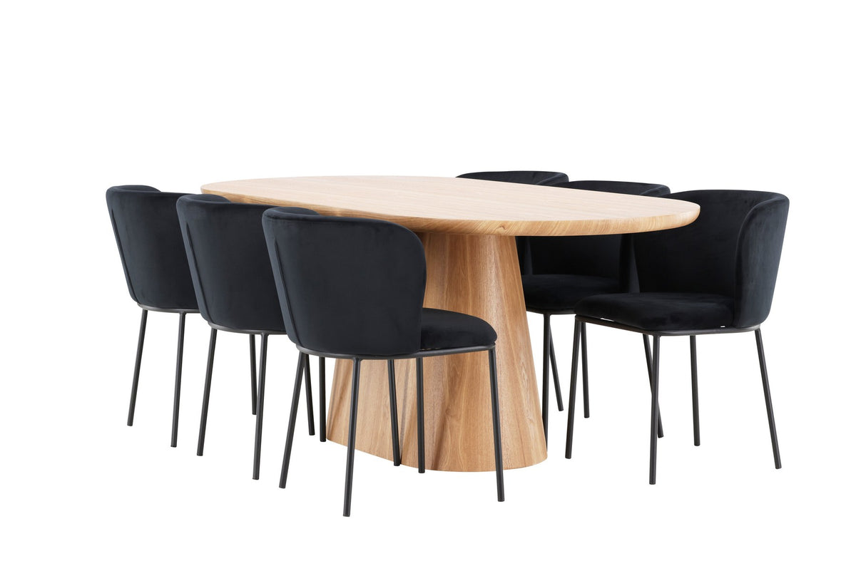 Esszimmerset Stjärnö mit Edina Stuhl: Esstisch mit MDF-Platte in Nature und sechs Stühlen mit Leinenbezug in Braun, skandinavisches Design.