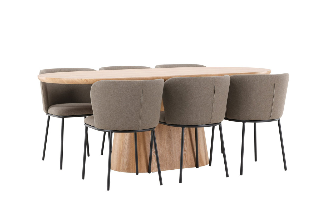 Esszimmerset Stjärnö mit Edina Stuhl: Esstisch mit MDF-Platte in Nature und sechs Stühlen mit Leinenbezug in Braun, skandinavisches Design.