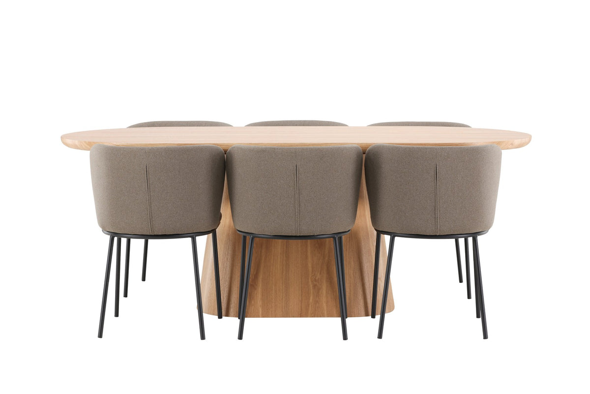 Esszimmerset Stjärnö mit Edina Stuhl: Esstisch mit MDF-Platte in Nature und sechs Stühlen mit Leinenbezug in Braun, skandinavisches Design.