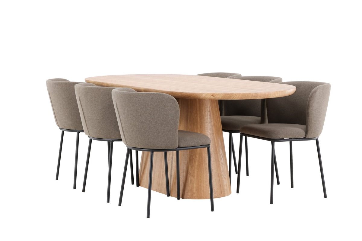 Esszimmerset Stjärnö mit Edina Stuhl: Esstisch mit MDF-Platte in Nature und sechs Stühlen mit Leinenbezug in Braun, skandinavisches Design.