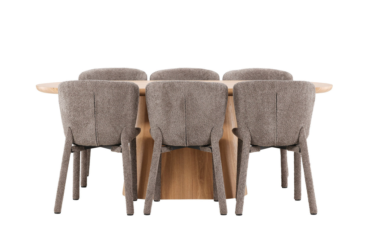 Ovaler Esstisch 200x90 cm aus MDF in Naturfarbe mit zwei gepolsterten Esszimmerstühlen in Braun, Bouclé-Bezug, Esszimmerset von Venture Home