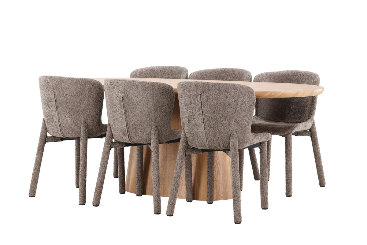 Ovaler Esstisch 200x90 cm aus MDF in Naturfarbe mit zwei gepolsterten Esszimmerstühlen in Braun, Bouclé-Bezug, Esszimmerset von Venture Home