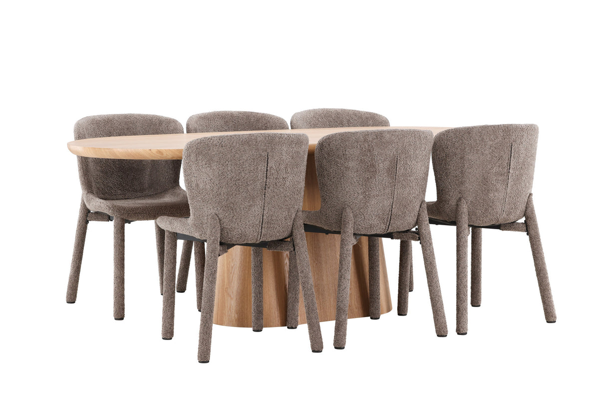 Ovaler Esstisch 200x90 cm aus MDF in Naturfarbe mit zwei gepolsterten Esszimmerstühlen in Braun, Bouclé-Bezug, Esszimmerset von Venture Home
