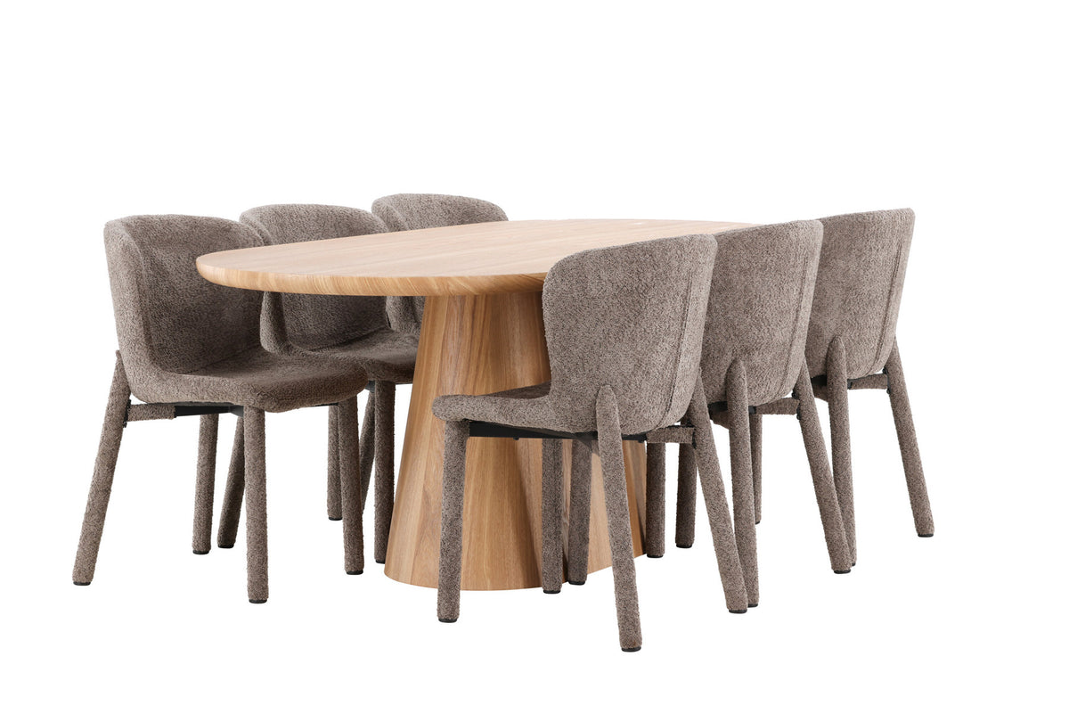Ovaler Esstisch 200x90 cm aus MDF in Naturfarbe mit zwei gepolsterten Esszimmerstühlen in Braun, Bouclé-Bezug, Esszimmerset von Venture Home