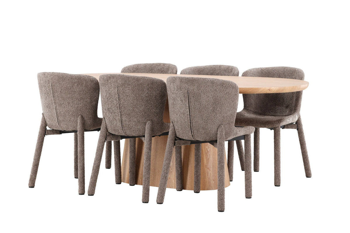 Ovaler Esstisch 200x90 cm aus MDF in Naturfarbe mit zwei gepolsterten Esszimmerstühlen in Braun, Bouclé-Bezug, Esszimmerset von Venture Home