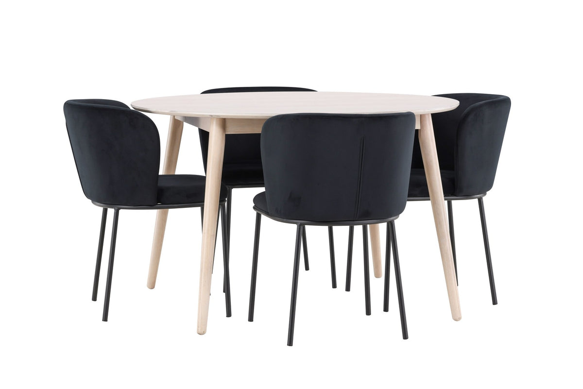 Rundes Esszimmerset Flora mit Edina Stuhl, Tisch aus MDF in White Wash, vier Stühle aus Gummiholz mit braunem Leinenstoffbezug