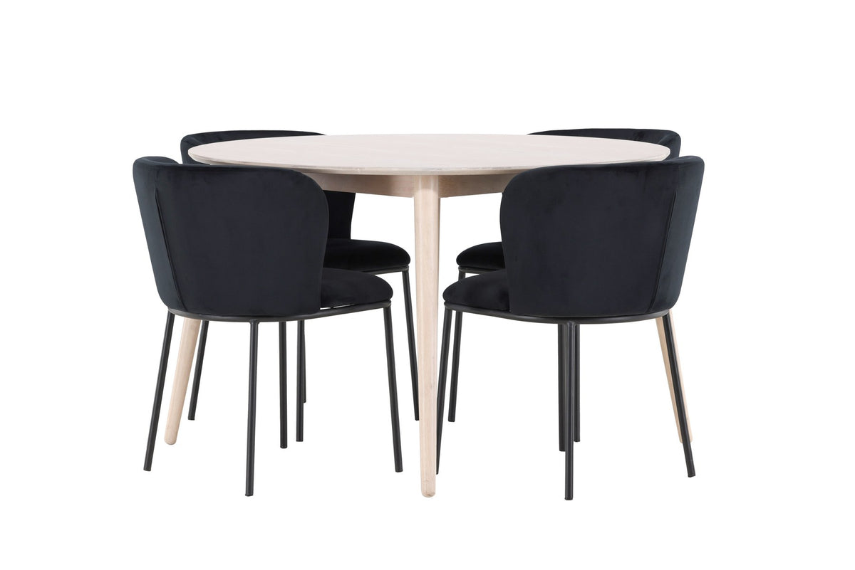 Rundes Esszimmerset Flora mit Edina Stuhl, Tisch aus MDF in White Wash, vier Stühle aus Gummiholz mit braunem Leinenstoffbezug