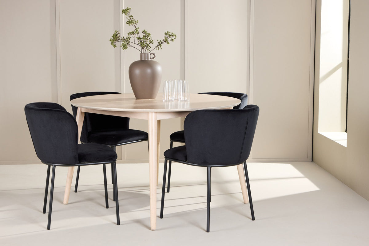Rundes Esszimmerset Flora mit Edina Stuhl, Tisch aus MDF in White Wash, vier Stühle aus Gummiholz mit braunem Leinenstoffbezug