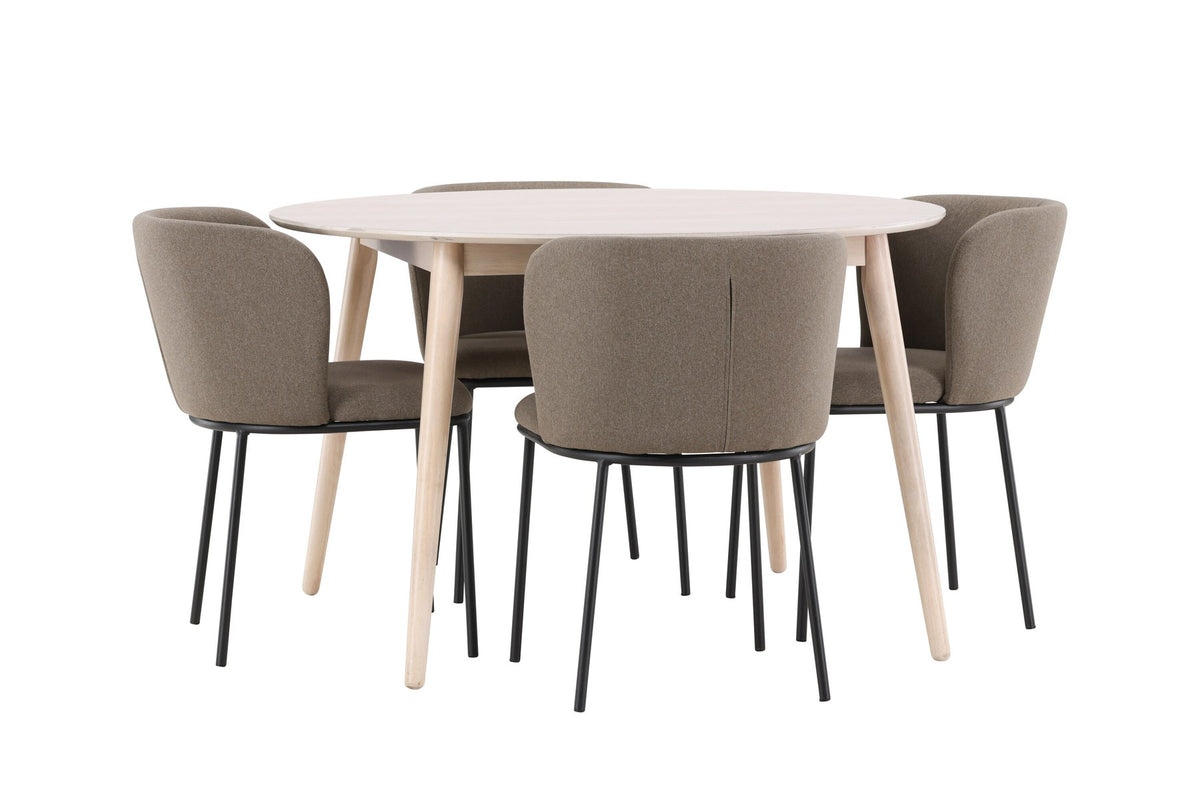 Rundes Esszimmerset Flora mit Edina Stuhl, Tisch aus MDF in White Wash, vier Stühle aus Gummiholz mit braunem Leinenstoffbezug
