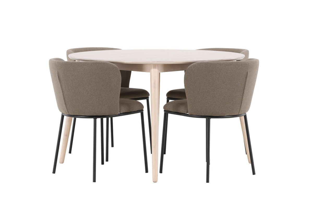 Rundes Esszimmerset Flora mit Edina Stuhl, Tisch aus MDF in White Wash, vier Stühle aus Gummiholz mit braunem Leinenstoffbezug
