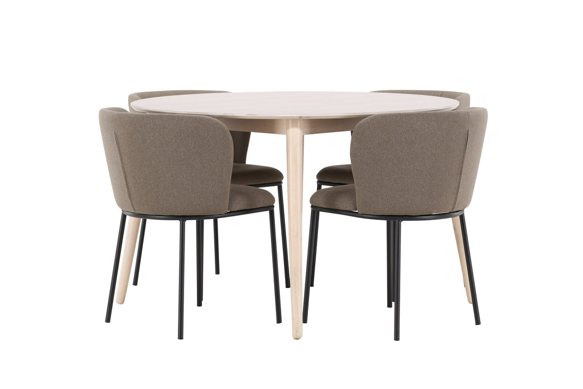 Rundes Esszimmerset Flora mit Edina Stuhl, Tisch aus MDF in White Wash, vier Stühle aus Gummiholz mit braunem Leinenstoffbezug