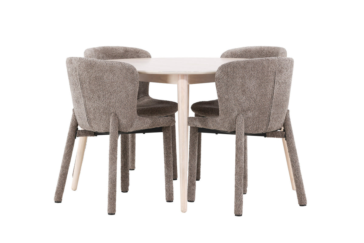 Rundes Esszimmerset Flora & Astoria von Venture Home: Esstisch ⌀120 cm in Whitewash aus MDF und Gummiholz mit zwei braunen gepolsterten Stühlen.