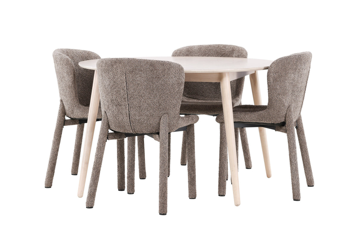 Rundes Esszimmerset Flora & Astoria von Venture Home: Esstisch ⌀120 cm in Whitewash aus MDF und Gummiholz mit zwei braunen gepolsterten Stühlen.